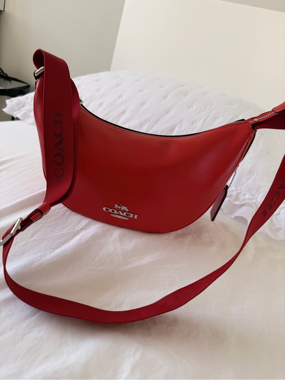 Coach Red Crescent Leather Crossbody with Branded Strap